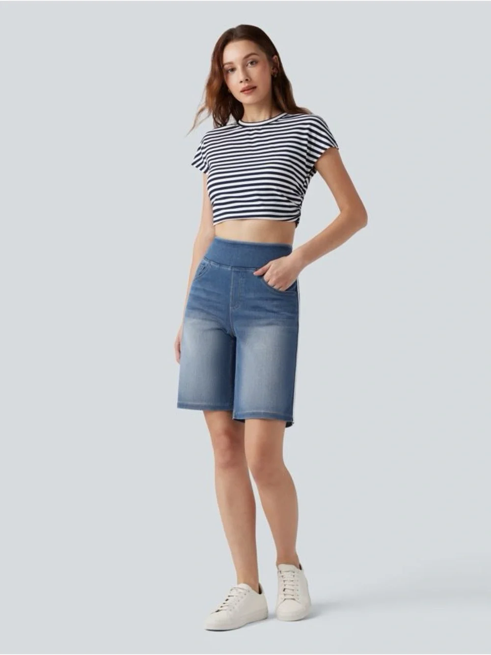 Halara Flex™ High Waisted Stripe Denim Baggy Bermuda Shorts with Pockets xs